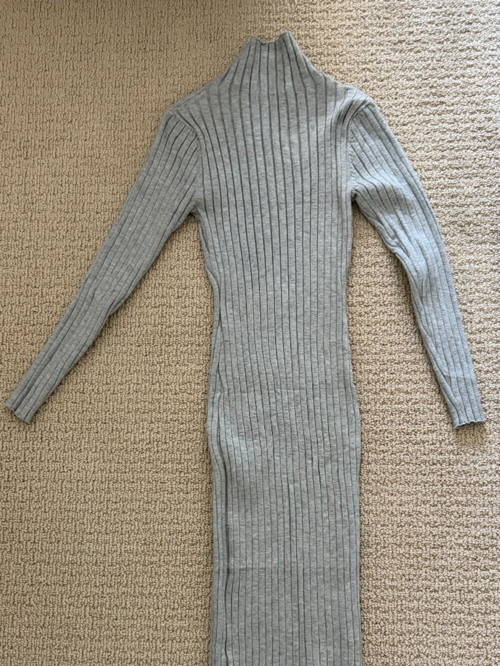 Gray Ribbed Turtleneck Sweater Dress - Fitted Midi